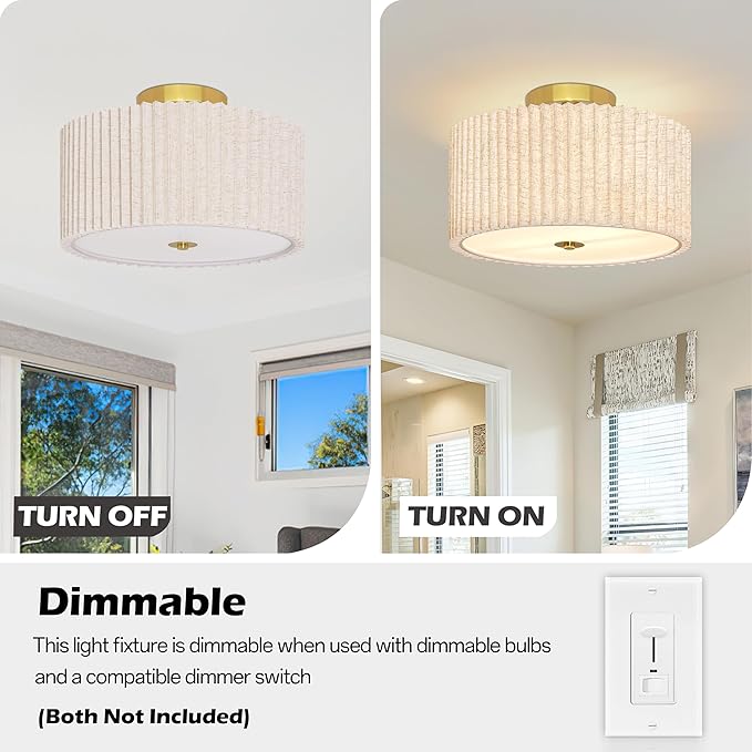 2 Light Semi Flush Mount Ceiling Light Fixture 12.6 Inch Modern Gold Drum Ceiling Light Fixture with Pleated Fabric Shade Dimmable Close to Ceiling Light for Living Room Hallway Bedroom Entryway