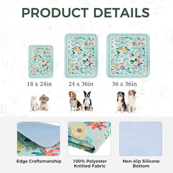 Homimp Washable Pee Pads for Dogs,2 Pack Spring Floral Reusable Puppy Pads Waterproof,Absorbent and Leakproof Dog Pee Pads,Non Slip Puppy Training Pads,Pet Mat for Floor,Crate,Teal 24"x36"