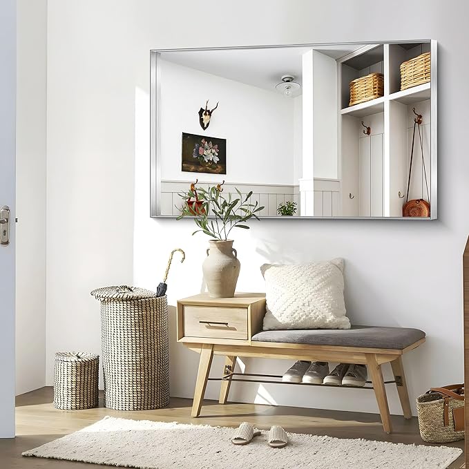 CIRCUMI Silver Bathroom Mirror, Brushed Finish, Tempered Glass, Large Mirror