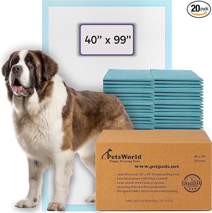 PETSWORLD Mega-Sized Dog Pee Pads (40" x 99") – 4XL Gigantic Pet Piddle Pads for Puppy Training, Incontinence – with Adhesive Sticky Tape – Leak Proof, 5-Layer Protection (20 Count)