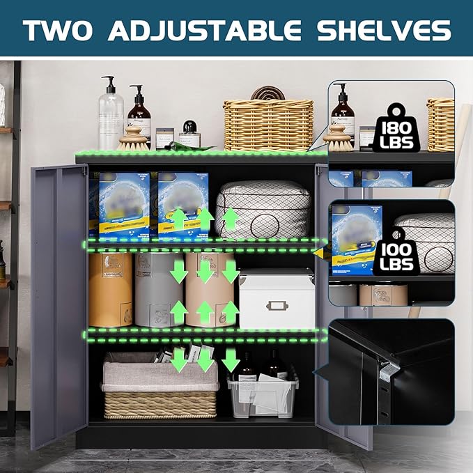 MIIIKO Metal Storage Cabinet, Base Cabinets 2 Door, Steel Storage Cabinets