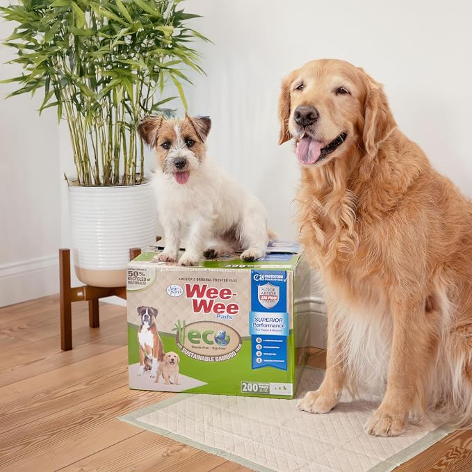 Four Paws Wee-Wee Superior Performance Eco Bamboo Dog Pee Pads, 32 Count | Earth friendly, bleach-free, dye-free, dog & puppy potty training pads, leak-proof, 24-hour protection pee pads, 22" x 23"