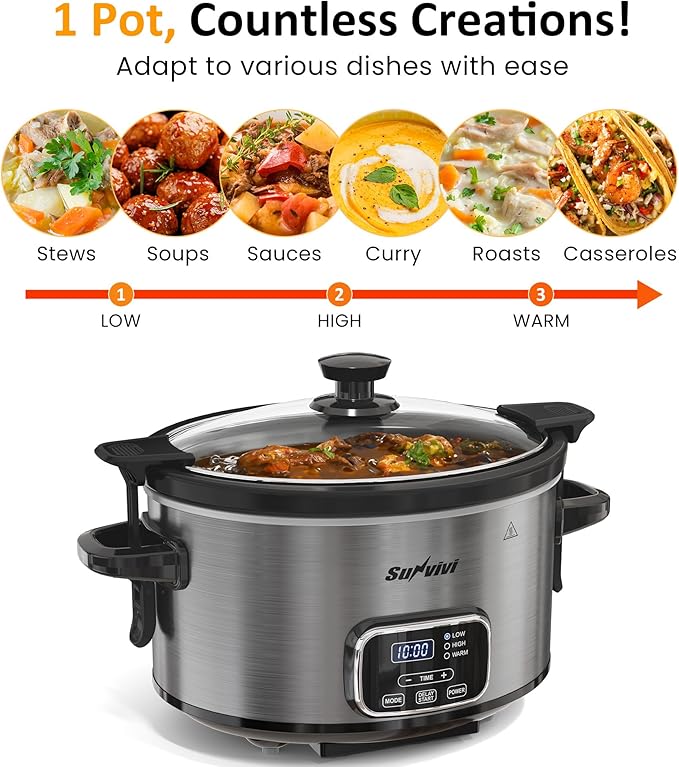 Sunvivi 4QT Slow Cooker, Programmable Pot