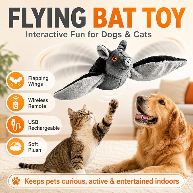 Flying Bat Dog Toy, Flying Bat Toy for Dogs & Cats with Flapping Wings and Chirping Sound, Motion-Activated Interactive Pet Toy for Hanging, Ground and Indoor Chase Play (3PCS)