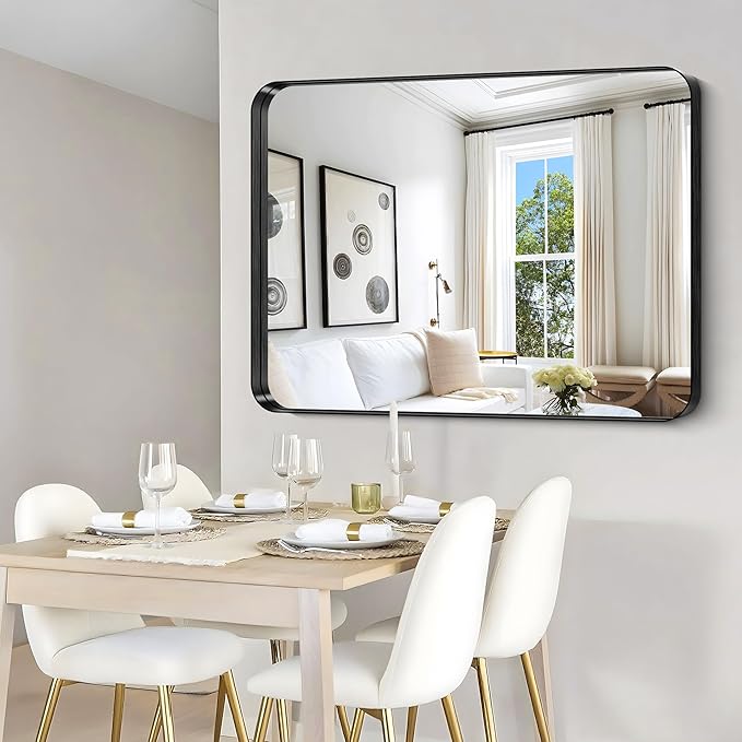 CIRCUMI Black Bathroom Mirror, Rounded Corner, Tempered Glass, Large Mirror