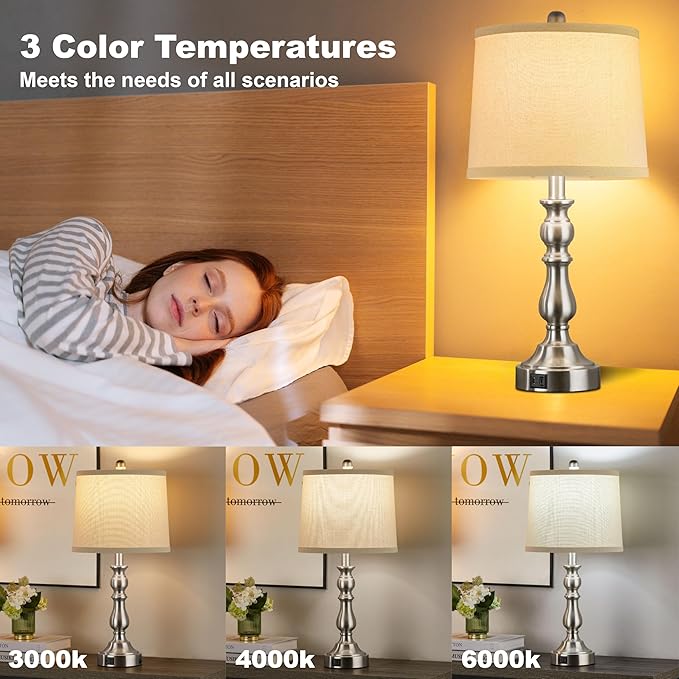 Farmhouse Side Table Lamps for Living Room Set of 2 with USB C+A Ports, Bedside Lamp for Bedroom, Dining Room Decor, Office, End Table, Knob Switch, 3 Color Temperatures, Bulb Included, Silver
