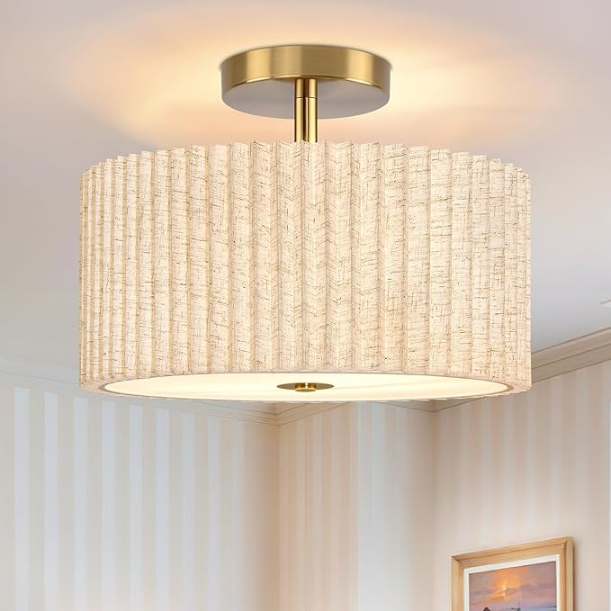 2 Light Semi Flush Mount Ceiling Light Fixture 12.6 Inch Modern Gold Drum Ceiling Light Fixture with Pleated Fabric Shade Dimmable Close to Ceiling Light for Living Room Hallway Bedroom Entryway
