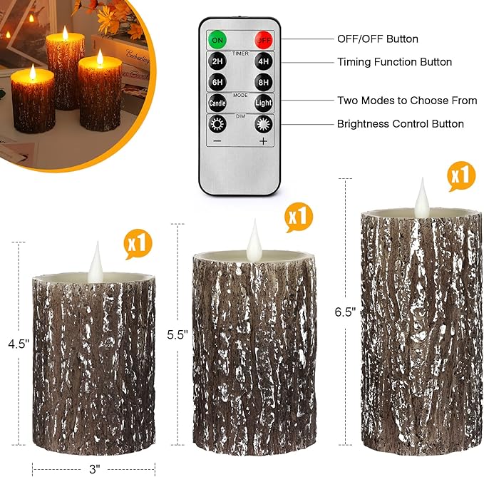 Flameless Candles Battery Operated Pillar Pine Effect Real Wax Flickering 3D