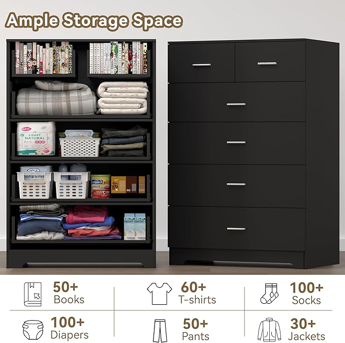 Dresser with Power Outlets Wooden 6 Drawer Dresser with Large Organizer Black
