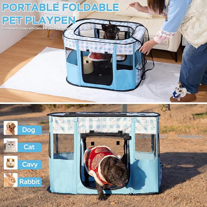 XRG Foldable Pet Playpen,Indoor Cat cage Puppy Crates M(31.5"x23.6"x21.7") | Portable Cat Kennel with Upgrade Breathable Mesh,Sturdy Kitten Playpen Indoor & Outdoor for Rabbit or Small Animals,Bule