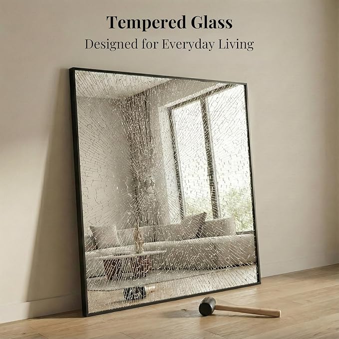 30''x30'' Square Black Bathroom Mirror, Matte Metal Framed Wall Mirror