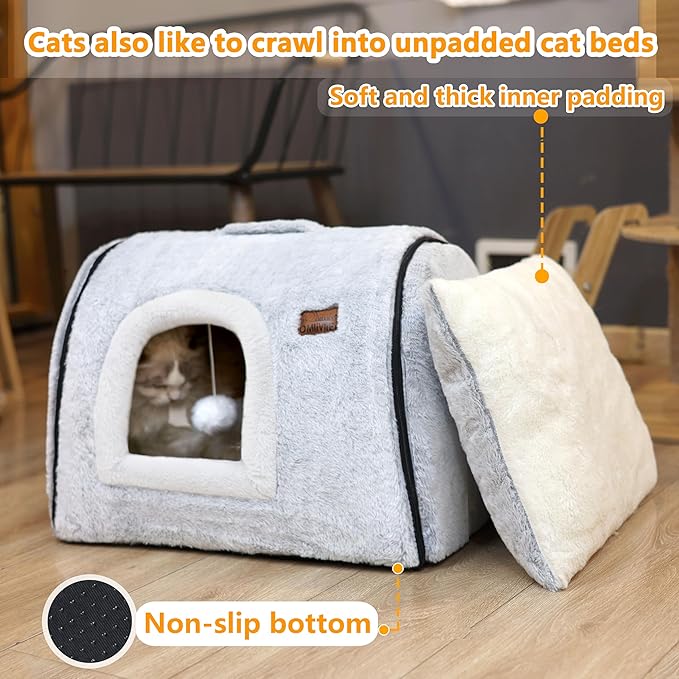 cat Bed cave-cat beds for Indoor Cats,Soft and Comfortable Cute Pet Bed,cat House,with Removable Washable Cushioned Pillow,Enclosed cat Bed,Kitty pet hut、Hideaway,Small Large Dog Tent (Grey)