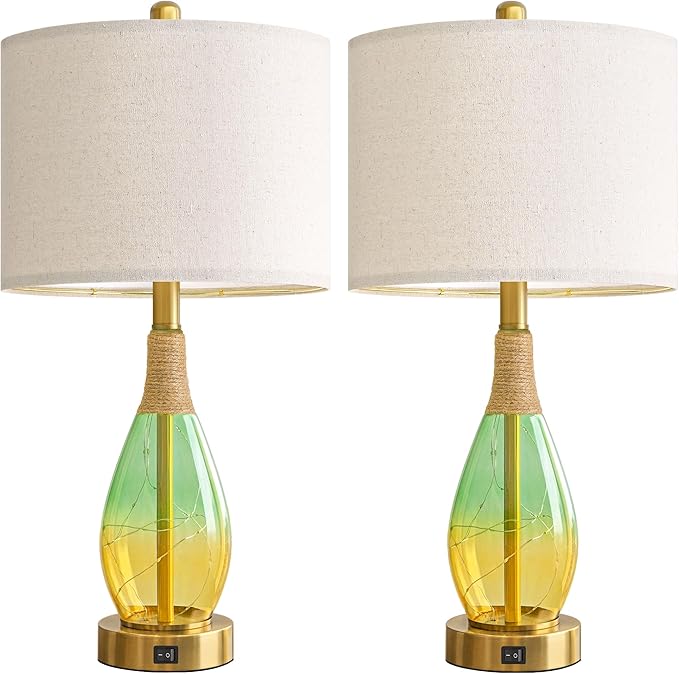 OYEARS 23" Table Lamps Set of 2,Farmhouse Lamps with Glass Nightlight, Bedside Lamps for Living Room, Rattan Lamps for Bedroom Nightstands, Two Light Points