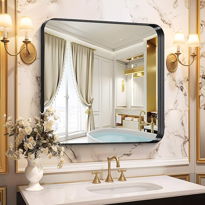 CIRCUMI Black Bathroom Mirror, Rounded Corner, Tempered Glass, Square Mirror