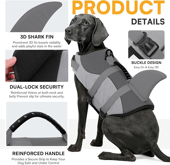 Dog Life Jacket Ripstop Shark Dog Safety Vest Adjustable Preserver with High Buoyancy and Durable Rescue Handle for Small,Medium,Large Dogs, Grey Shark XX-Large