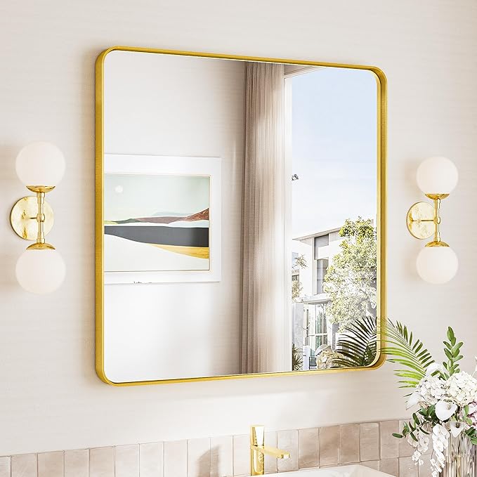 TokeShimi 30 x 30 Gold Bathroom Mirror, Rectangle Bathroom Wall Mirror