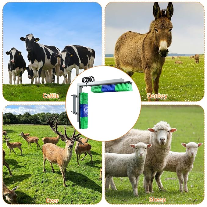 Livestock Scratch Brush With Spring Iron Holder,Animal Back Scratching Brush Including 4pcs goat brushes, 4 stands and accessories For Cow,Cattle,Sheep, Horses,Pigs,Massage Grooming Tool(Green)