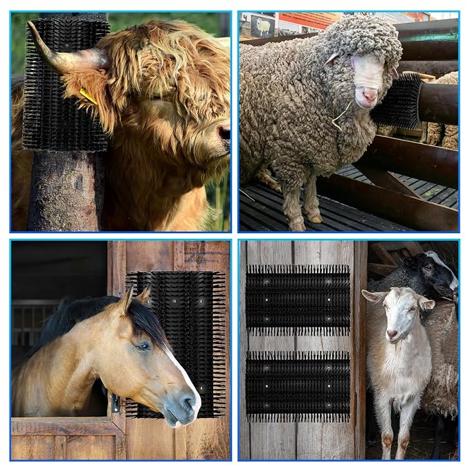 Extra Large Size Livestock Scratching Brush, Upgraded Horse/Goat/Cow/Cattle Scratcher Brush for Grooming, Itch Relief Horse Scratcher Brushes Kit with Two Sets of Mounting Screws(8-Pack,Black)