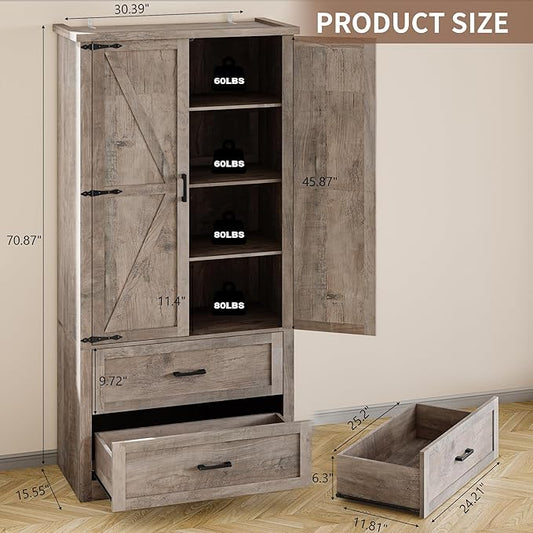 Pantry Organizers and Storage Cabinet, 71” Barn Door White Kitchen Cabinet