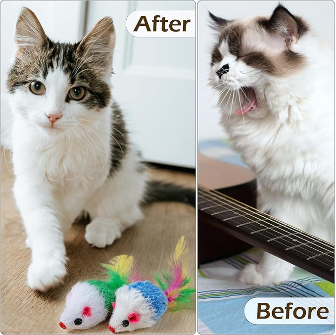 60 PCS Furry Cat Toys Squeak Mouse Rattle Mice Cat Catcher Pet Toys with Feather Tails (Random Color)