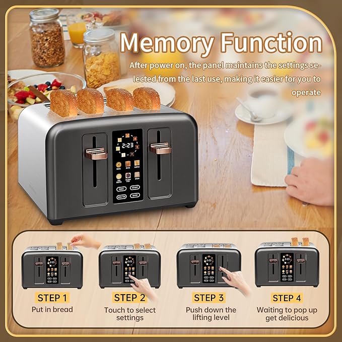 SEEDEEM Toaster 4 Slice, Stainless Toaster & Touch Control, LCD Display