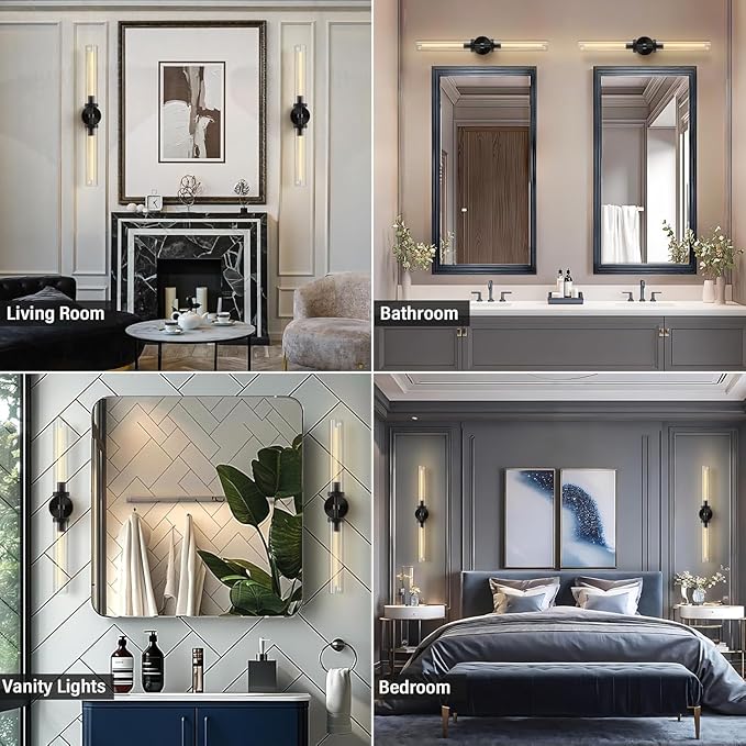 Brass Wall Sconces, 30in Black 2-Light Double Glass Sconces Wall Lighting, Bathroom Knurled Vanity Light Sconces, Wall Lights for Living Room Bedroom(Including Bulb)