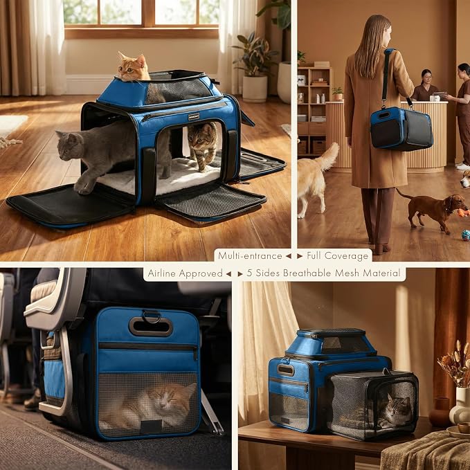 Top-Side Expandable Pet Carrier, Treat Window,17x11x9.5 Airline Approved | for Alaska Hawaiian, Soft-Sided Cat Carrier, Anti-Scratch Mesh, Lockable Zippers,Dog Carrier for Kitten,Rabbit,Puppy, Blue