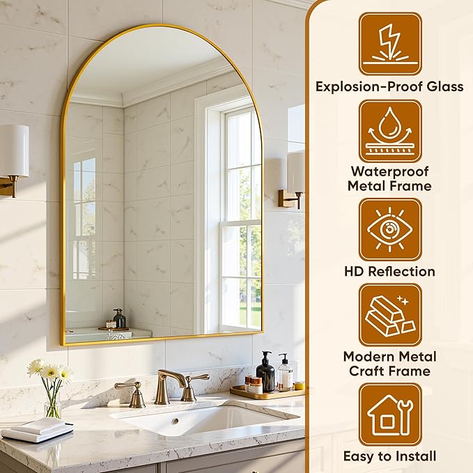Arched Mirror 24"x36", Bathroom Mirror, Wall Mounted Vanity Mirror