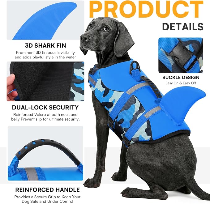 Dog Life Jacket Ripstop Dog Shark Safety Vest Adjustable Preserver with High Buoyancy and Durable Rescue Handle for Small,Medium,Large Dogs, Blue Camouflage XX-Large
