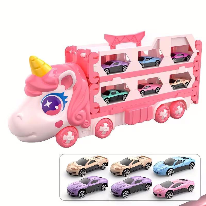 Cute Transforming Truck Toy Expandable Racetrack & Vehicle Storage Set Portable Carrier With Mini Cars Toy For Girls Ages 3 And Up,Pickup Only
