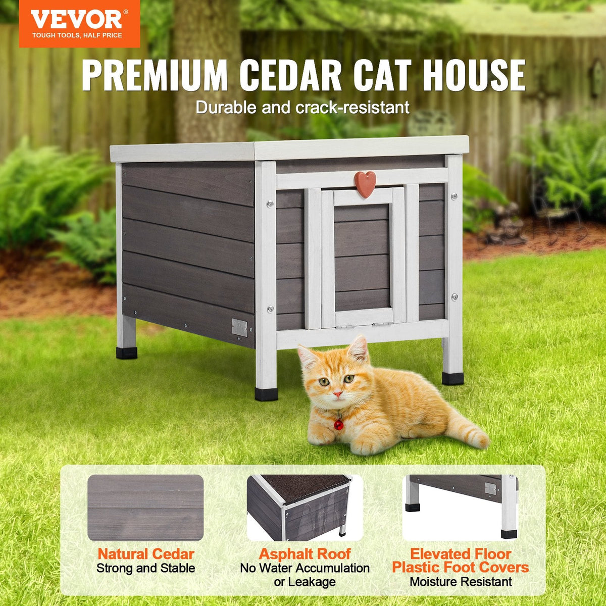Outdoor Cat House Wooden Feral Cat Shelter With Roof & PVC Door Flaps