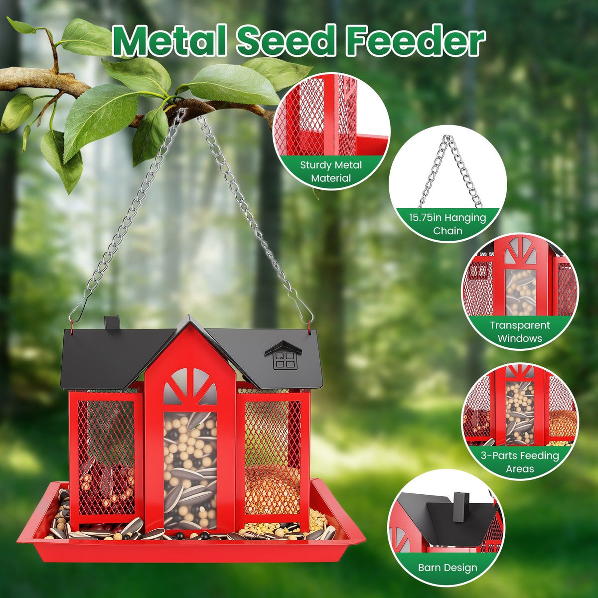 1Pc Metal Hanging Bird Feeder House Classic Barn Bird Feeder House Iron Hanging Outdoor Feeder With Visible Window And Lift Top Lid 15.75in Hanging Length Wild Birds Garden Yard