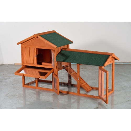 Large Wooden Rabbit Hutch, 2 Story Outdoor Bunny Cage With Waterproof Asphalt Roof, Pull-Out Tray Ramp, Fir Wood Pet House For Rabbits, Chickens, Guinea Pigs Brown Green