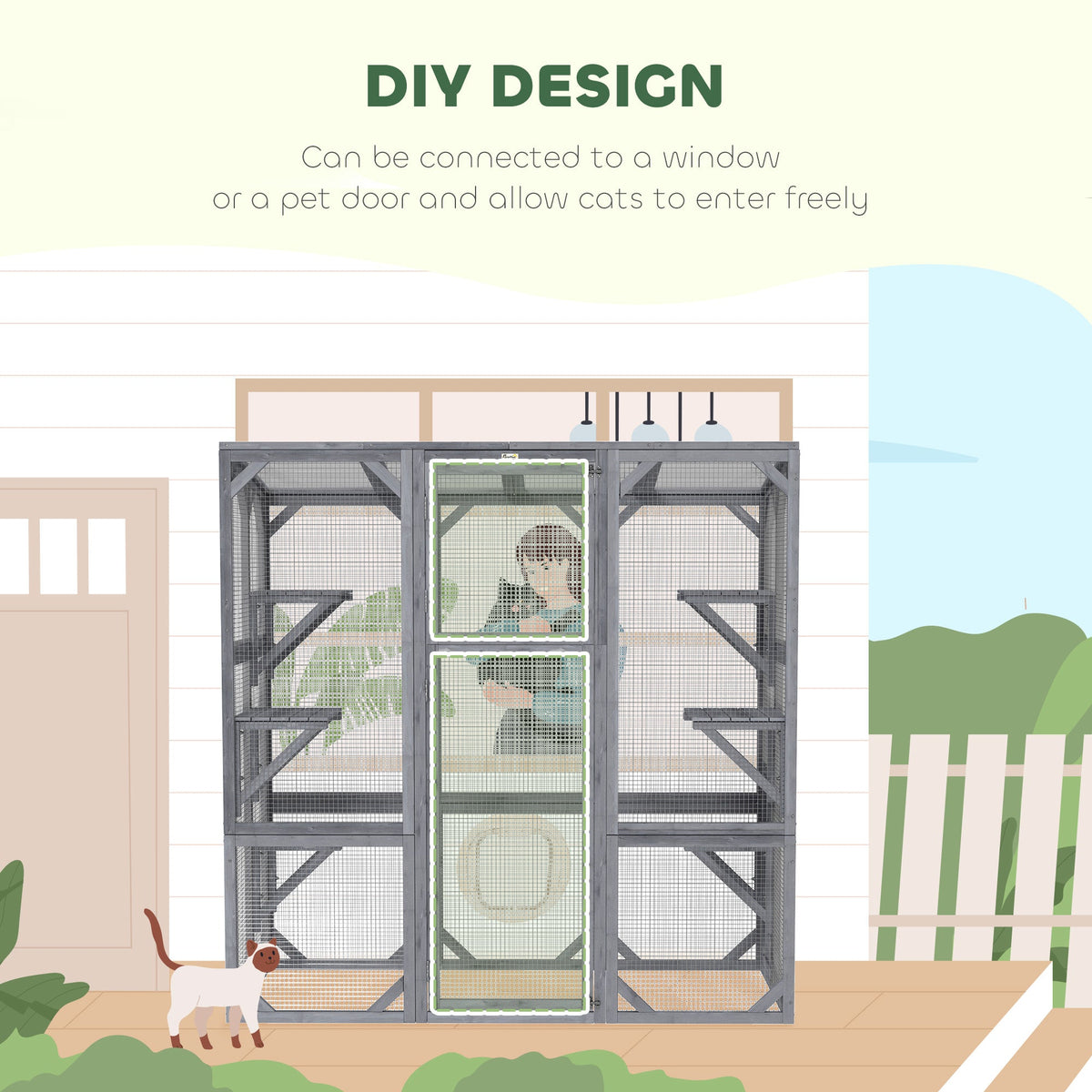 Large Wooden Catio Outdoor with 6 Jumping Platforms, Weatherproof Roof, for 1-3 Cats, 59" x 28" x 60", Gray