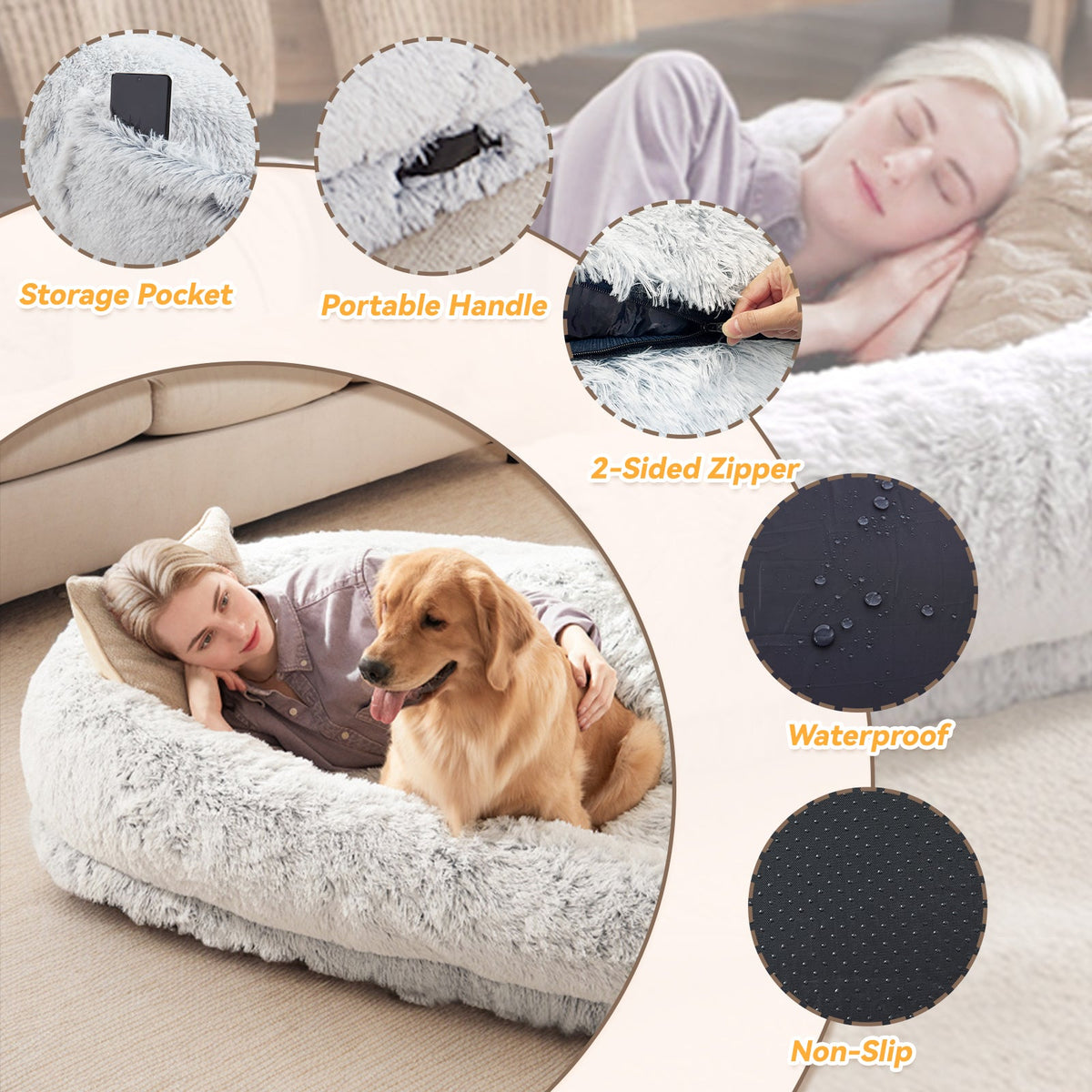 Human Dog Bed - 63 In X 31.4 In X 9.5 In Washable Faux Fur Lounger For Adults & Pets, Cushion With Orthopedic Support, Includes Pillow & Blanket