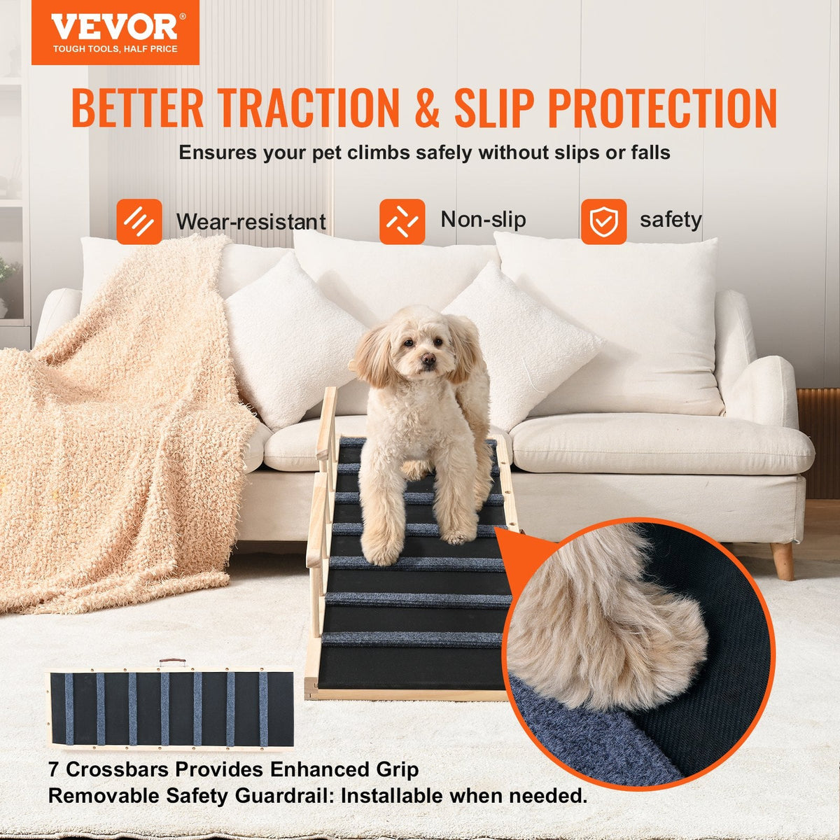 Dog Ramp, Folding Pet Ramp For Bed, Adjustable Dog Ramp For Small, Large, Old Dogs & Cats, Wooden Pet Ramp With 47.2' Long Ramp, Adjustable From 13.8' To 27.6', Suitable For Couch, Sofa, Car