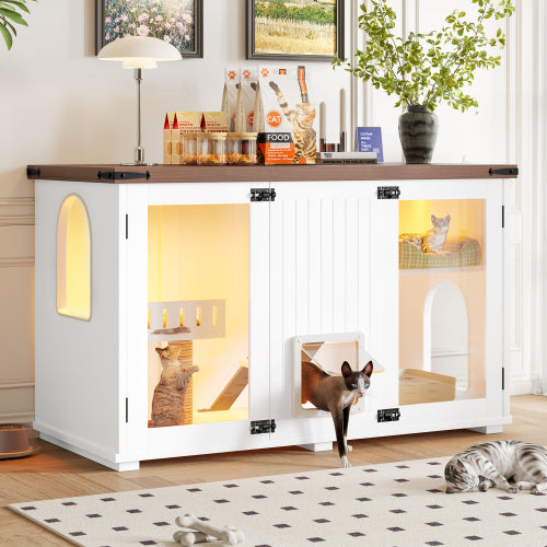 47.25 Large Cat Litter Box Enclosure With LED Light, Hidden Litter Box Furniture, Cat House With Stairs And Cat Scratching Post, Cat Cabinet Side Table With Smart Doors For Living Room, White