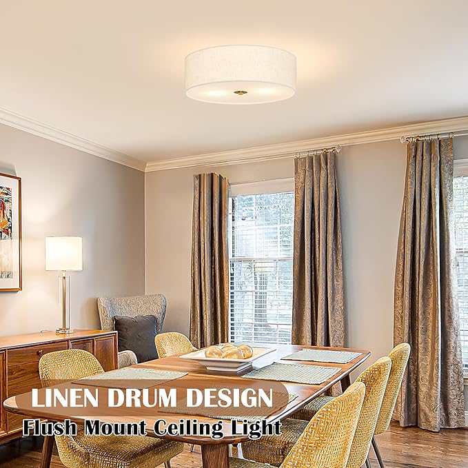 12.6 Inch Flush Mount Ceiling Light Gold Ceiling Fixture 2-Light Drum Modern Lights Close to Lights Fixture with Fabric Shade for Living Room Hallway Entryway Bedroom