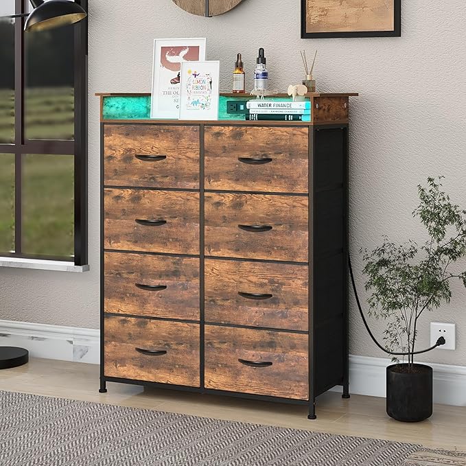 Tall Dresser for Bedroom with Charge Station 8 Drawers Dresser with LED Lights