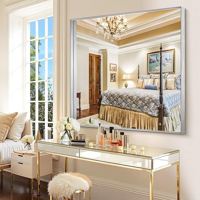 CIRCUMI Silver Bathroom Mirror, Brushed Finish, Tempered Glass, Mirror