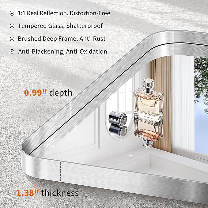 CIRCUMI Silver Bathroom Mirror, Rounded Corner, Tempered Glass, Large Mirror