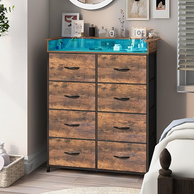Tall Dresser for Bedroom with Charge Station 8 Drawers Dresser with LED Lights