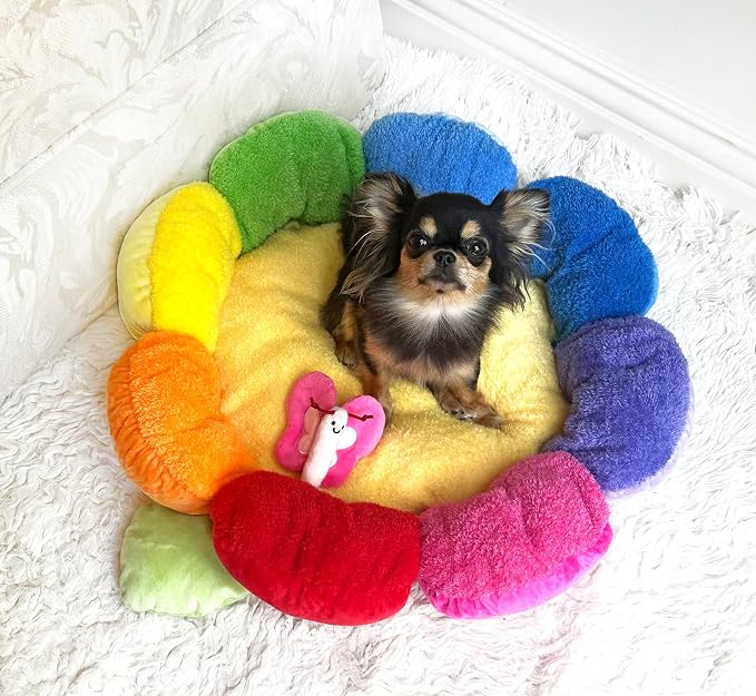 TONBO Soft Plush Small Cute and Cozy Nature Dog Cat Bed, Washer and Dryer Friendly (Rainbow Flower)