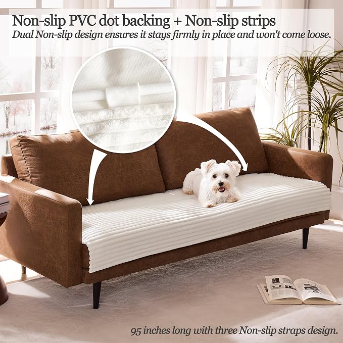 Dual Non-Slip Couch Cover for Dogs Waterproof, Cream Fuzzy Soft Pet Couch Covers for Sofa 3 Cushion, Pet Friendly Soft Dog Bed Covers Sofa Cover Washable (White, 33" x 75" 1 Pack)