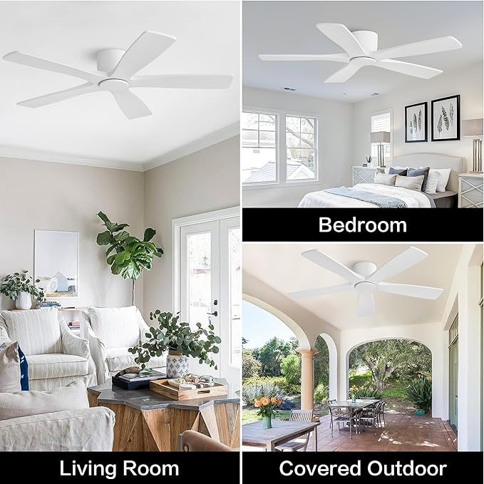 WINGBO 48" Flush Mount DC Ceiling Fans Without Lights, 5 Carved Solid Wood