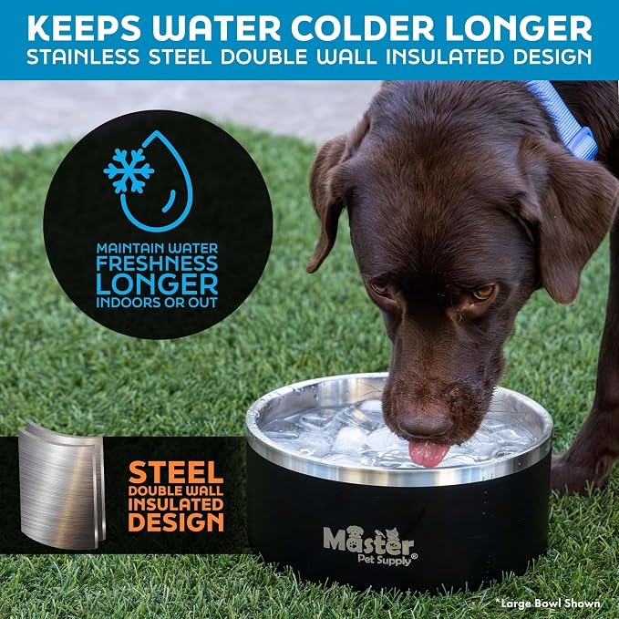 Master Pet Supply Stainless Steel Dog Bowls - 25 oz, Heavy Duty - Graphite, Double Wall Extra-Thick Insulated, Non-Slip Pet Water Bowl for Dogs, Cats & Pets, Anti Rust Metal, Dish Washer Safe