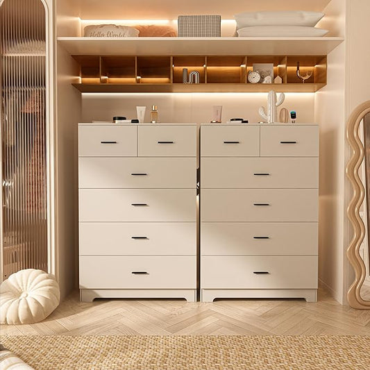Dresser with Power Outlets Wooden 6 Drawer Dresser with Large Organizer White