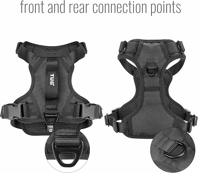 TUG No-Pull Dog Harness, 2 Leash Clips + Padded Handle (Small, Black) | Water-Resistant Padded Interior | No-Pull Front Clip | Padded Back Handle | Adjustable Straps