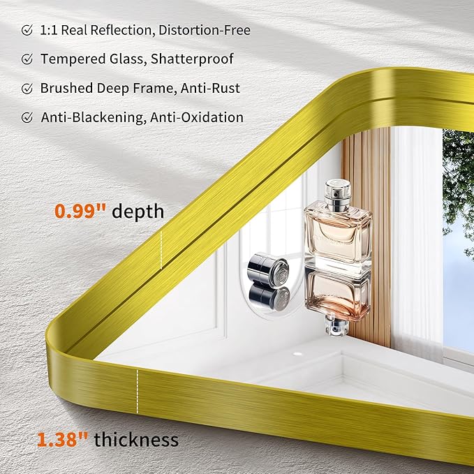 CIRCUMI Gold Bathroom Mirror, Rounded Corner, Tempered Glass, Large Mirror