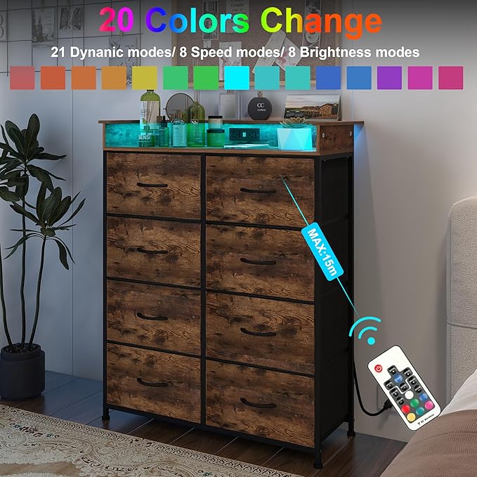 Tall Dresser for Bedroom with Charge Station 8 Drawers Dresser with LED Lights
